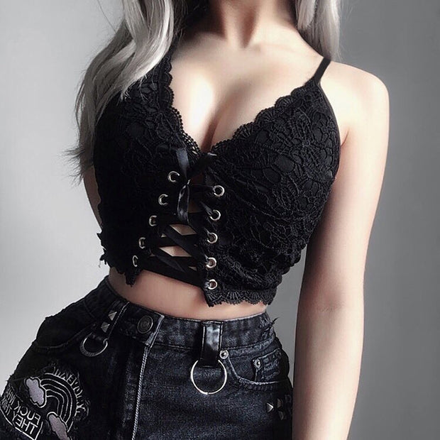 Dark V-neck lace camisole womens outer wear sexy personality straps halter slim waist waist blouse