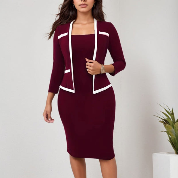 Wine Red 2-in-1 Contrast Long Sleeve Trim Bodycon Dress